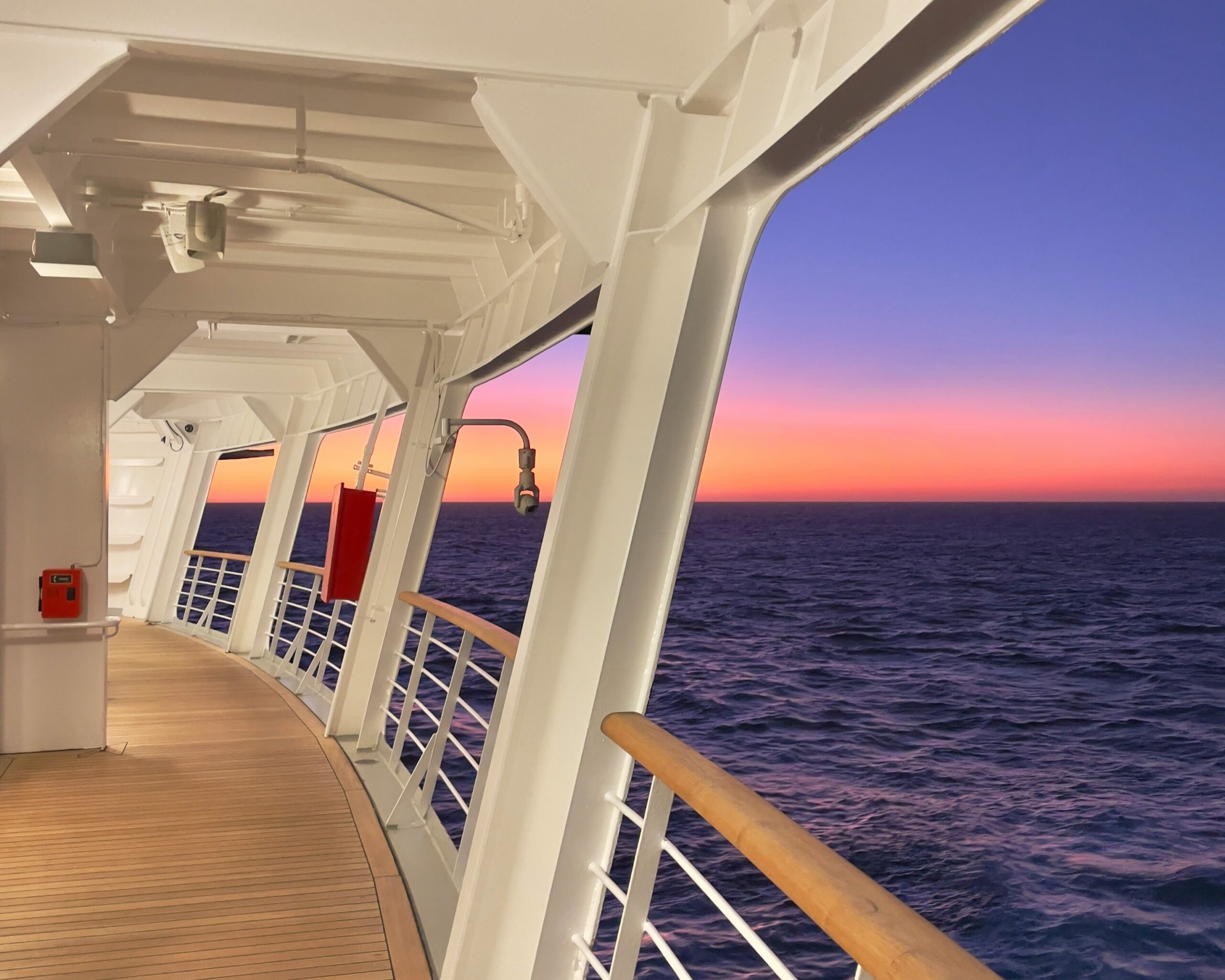 Empty ship deck at sunset